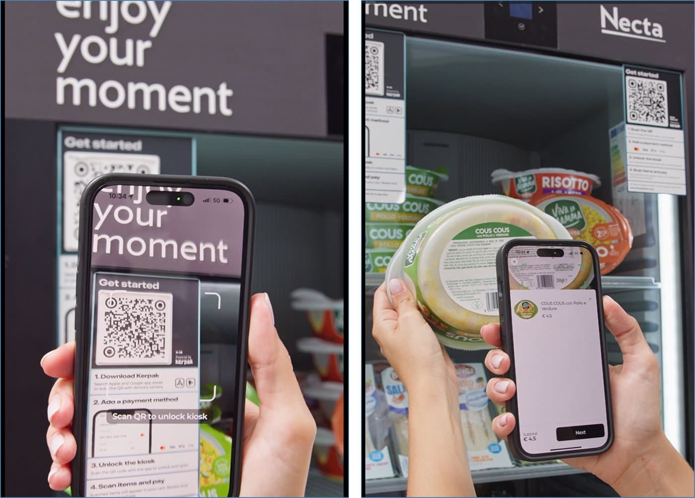 Customer scanning a QR code and an item with a phone at a Gusto Smart